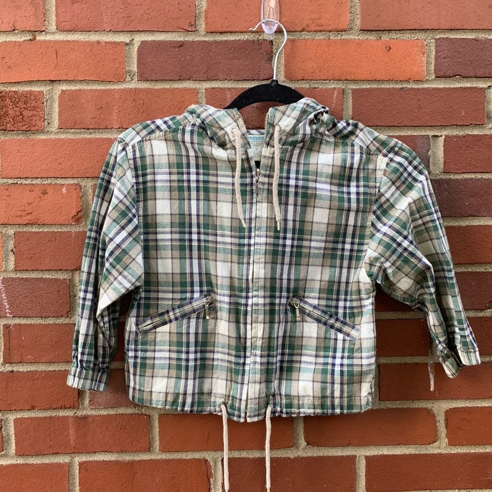 1980s Old Navy child's hooded green brown plaid jacket- XS